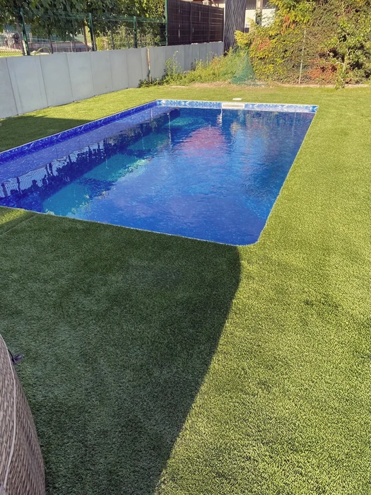 Jardin résidentiel avec piscine rectangulaire enterrée aux eaux bleues cristallines