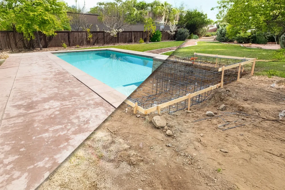 Chantier de construction d'extension de piscine dans jardin résidentiel